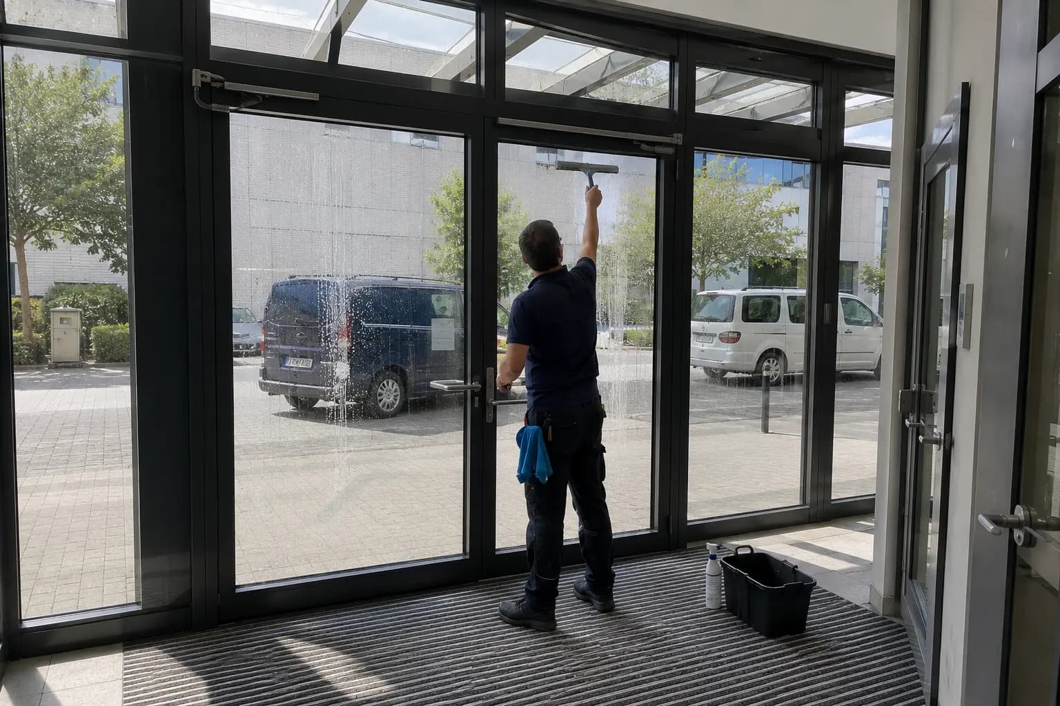 Professionelle Fensterreinigung an einem Gewerbegebäude in Osnabrück